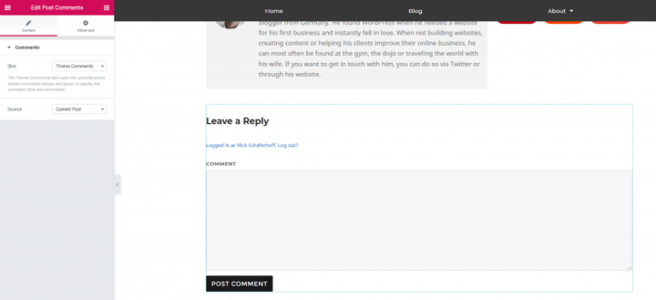 a screenshot of adding the post comments widget