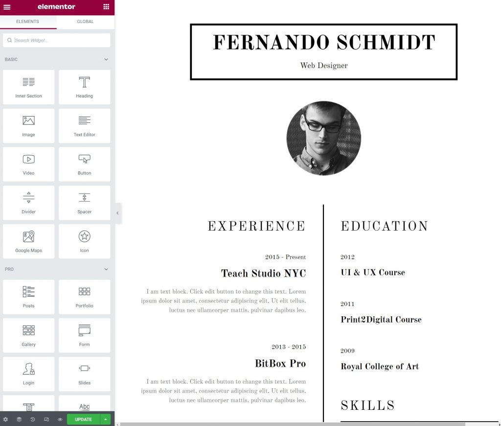 customize elementor template Elementor How to Create a Resume Website